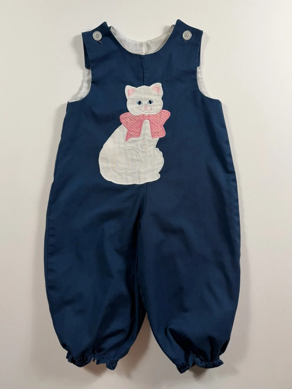 Vintage Kelly’s Kids Size 3 Cat Applique Longall Romper Navy Pink Cottagecore